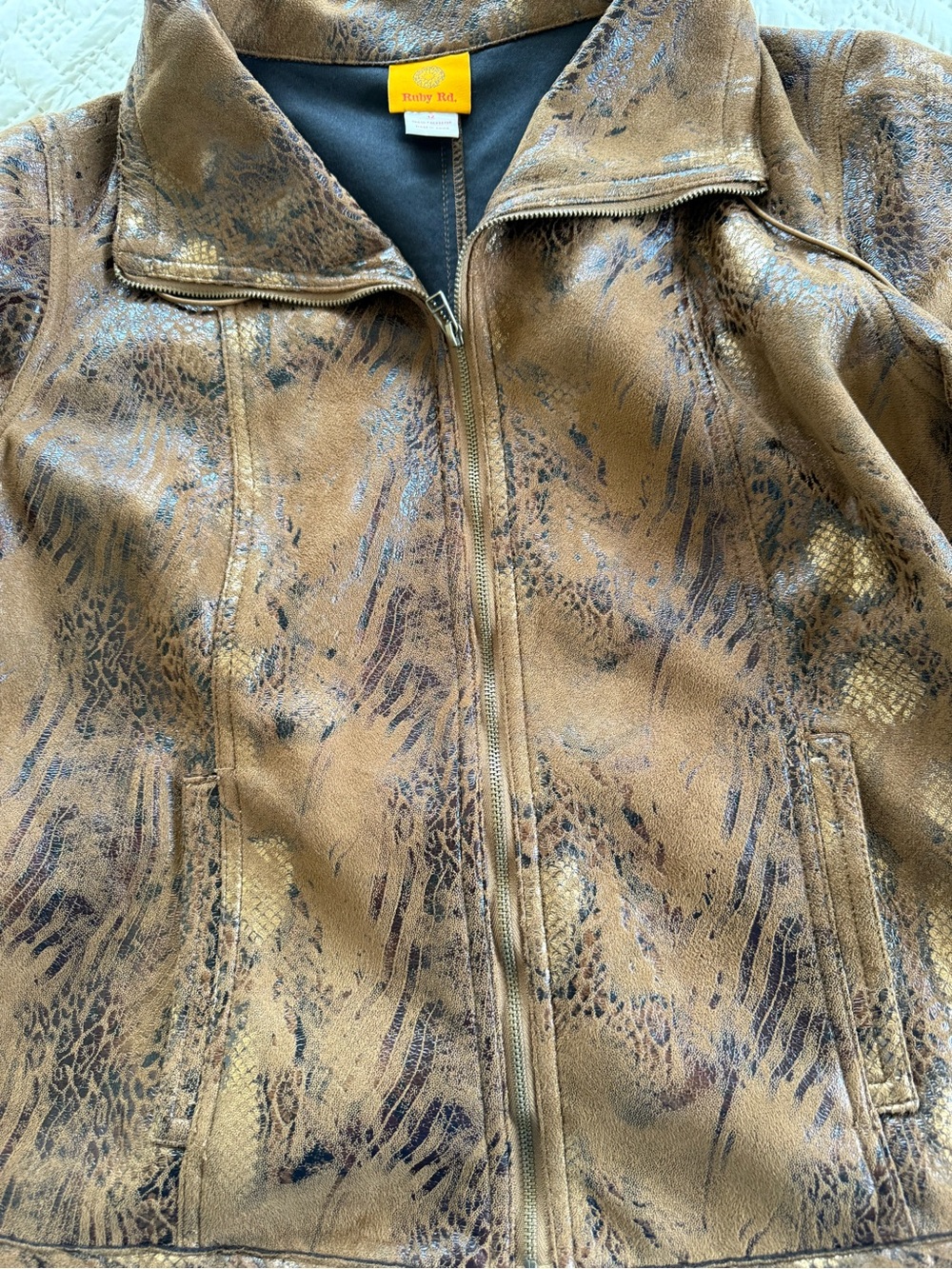 Ruby Rd. Metallic Faux Brown leather Pattern Zip Jacket - Picture 4 of 10